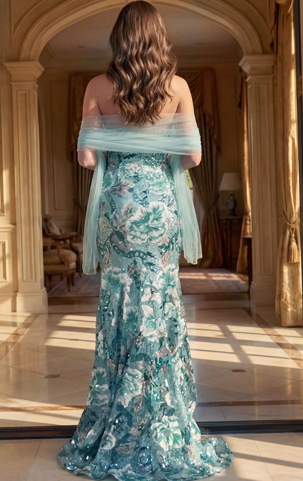 Woman in a floral off-shoulder dress standing in an elegant room with arched doorways.