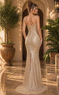 Model wearing Jovani 52235 embellished column gown featuring delicate straps, a statement bow neckline, and a fitted floor-length silhouette.
