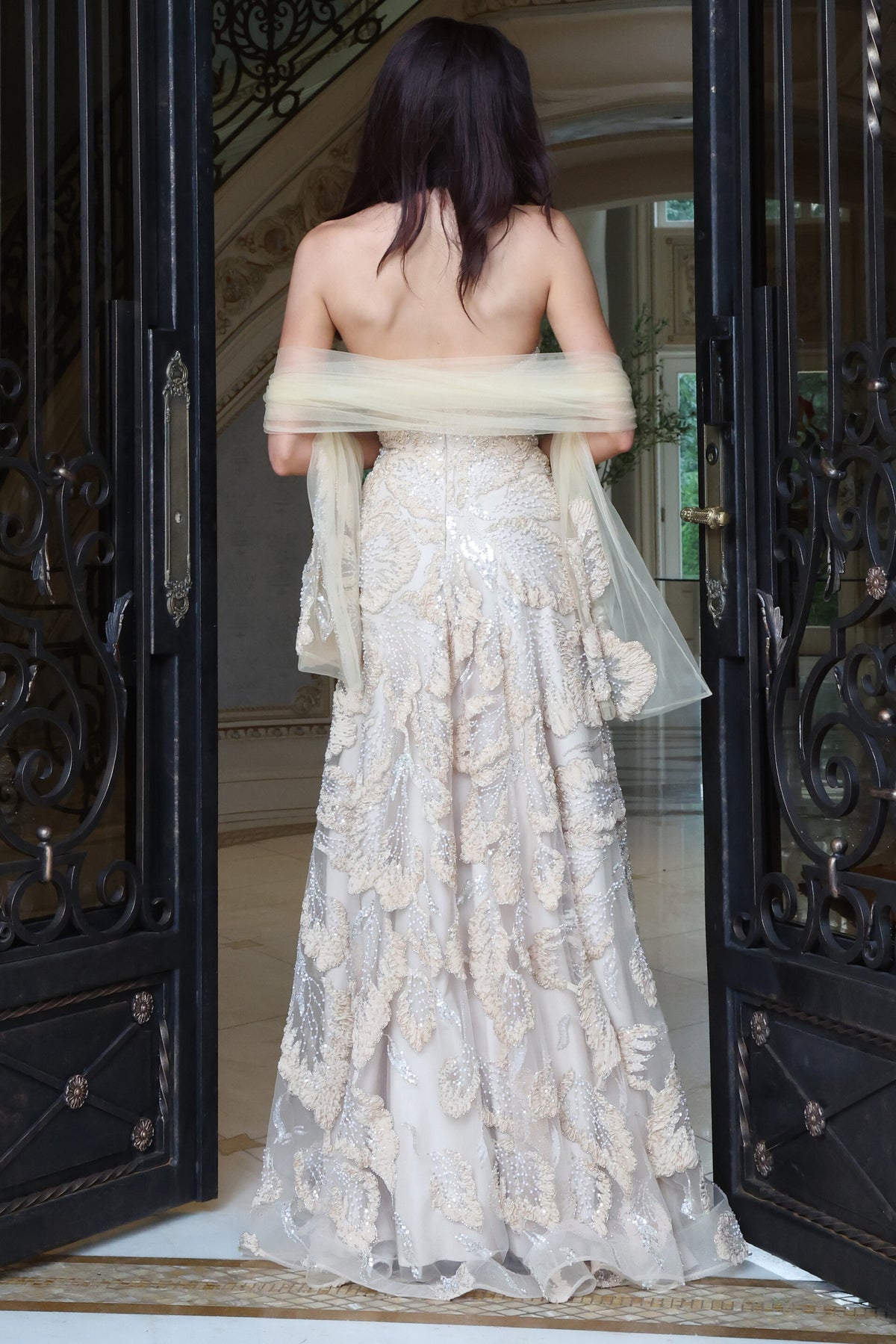 Jovani 52274 strapless gown with sweetheart neckline, dimensional floral embellishments, A-line skirt and coordinating shawl.