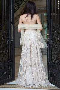 Jovani 52274 strapless gown with sweetheart neckline, dimensional floral embellishments, A-line skirt and coordinating shawl.