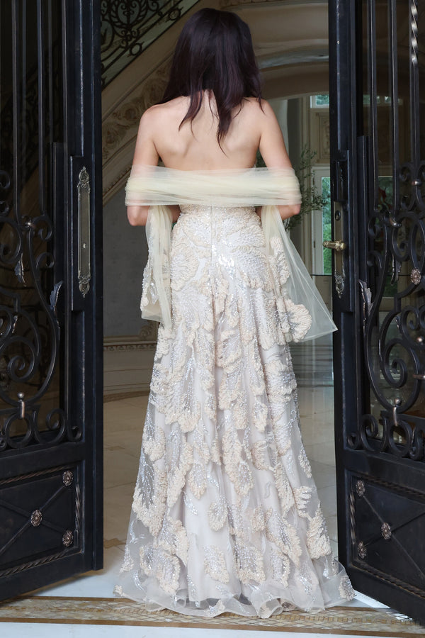 Jovani 52274 strapless gown with sweetheart neckline, dimensional floral embellishments, A-line skirt and coordinating shawl.
