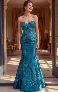 Model wearing Jovani 52772 strapless mermaid gown with floral embellishments, fitted silhouette, sweetheart neckline, and open back.