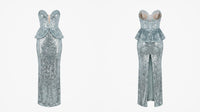 A formal evening gown shown from the front and back on a plain light gray background. The dress is strapless with a sweetheart neckline, a structured peplum waist, and a floor-length silhouette covered in shimmering sequins.