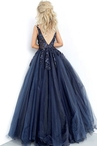Jovani 55634 Tulle Ballgown with Floral Appliques - An enchanting gown featuring delicate floral appliques, a sleeveless design, plunging neckline, and a full floor-length skirt. Perfect for prom or a quinceañera.