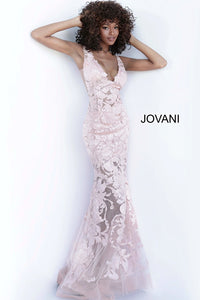 Jovani 60283 Sequin Applique Sleeveless Prom Dress - A stunning sleeveless prom dress with sequin flower appliques, sheer bodice, and plunging neckline.