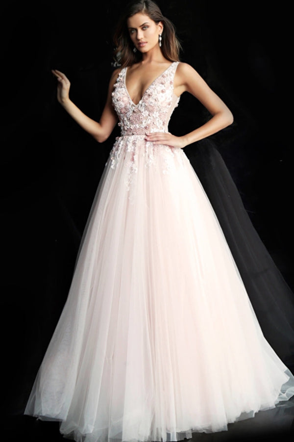 Jovani 61109 Blush Floral Applique Ballgown Tulle Dress | Perfect for Prom and Quinceañera | Madeline's Boutique in Toronto and Boca Raton, Florida