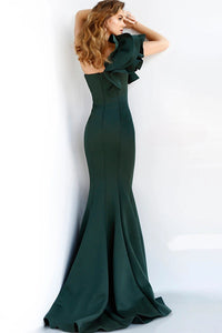 A stunning scuba mermaid evening dress by Jovani .  It has a one-shoulder flower ruffle detail bodice and straight neckline, perfect for special events and Black Tie occasions.  The picture of the dress is dark green.  It is available at Madeline’s Boutique in Boca Raton, Florida and Toronto, Canada.  Back view of the dress.