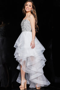 High low dress by Jovani with beaded bodice, perfect for bat mitzvah or graduation celebration.