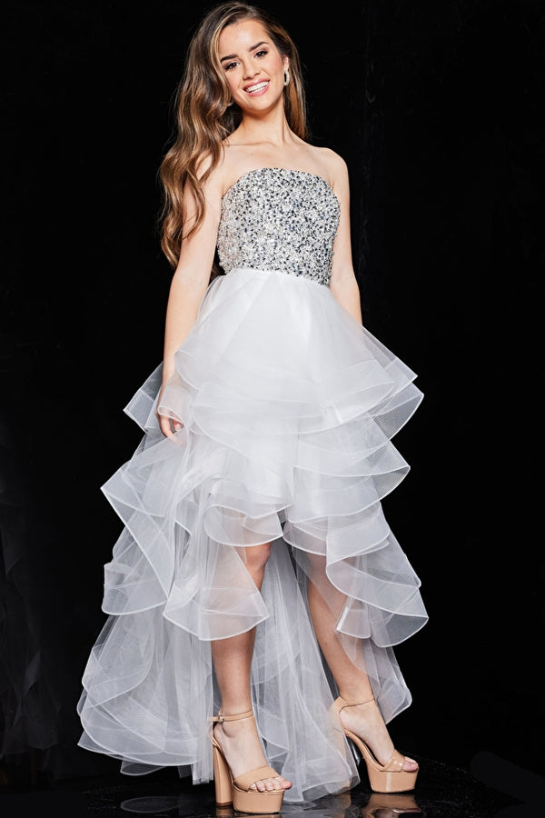 High low dress by Jovani with beaded bodice, perfect for bat mitzvah or graduation celebration.
