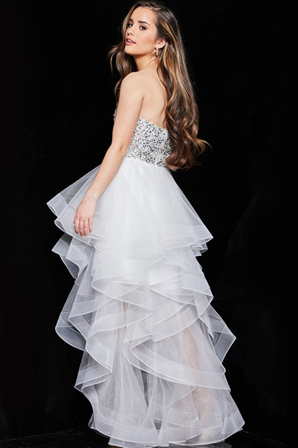 High low dress by Jovani with beaded bodice, perfect for bat mitzvah or graduation celebration.