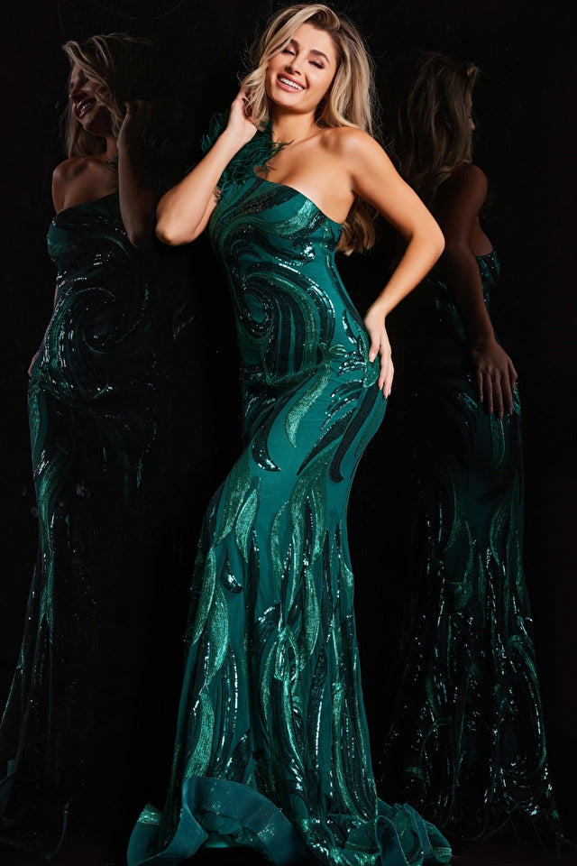 JOVANI - 32596 - One Shoulder Feather Dress | MADELINE'S BOUTIQUE Green / 12 JOVANI - 32596 - One Shoulder Feather Dress | MADELINE'S BOUTIQUE Green / 12