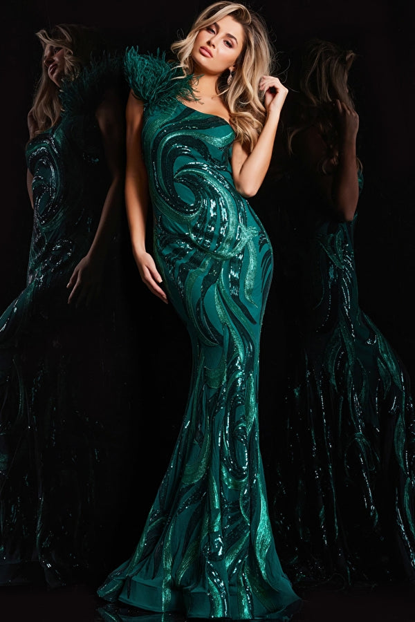 Jovani Dress Style 63405 - One Shoulder Feather Sequin Embellished Prom Dress - Color Royal