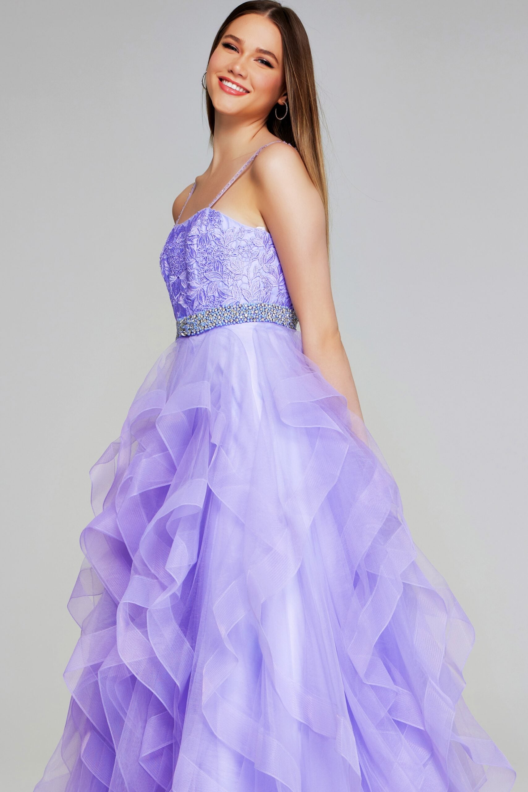 Jovani - K23519 - Beaded Waist Rosette Layered Evening Gown Madeline's Boutique Boca Raton Jovani - K23519 - Beaded Waist Rosette Layered Evening Gown Madeline's Boutique Boca Raton
