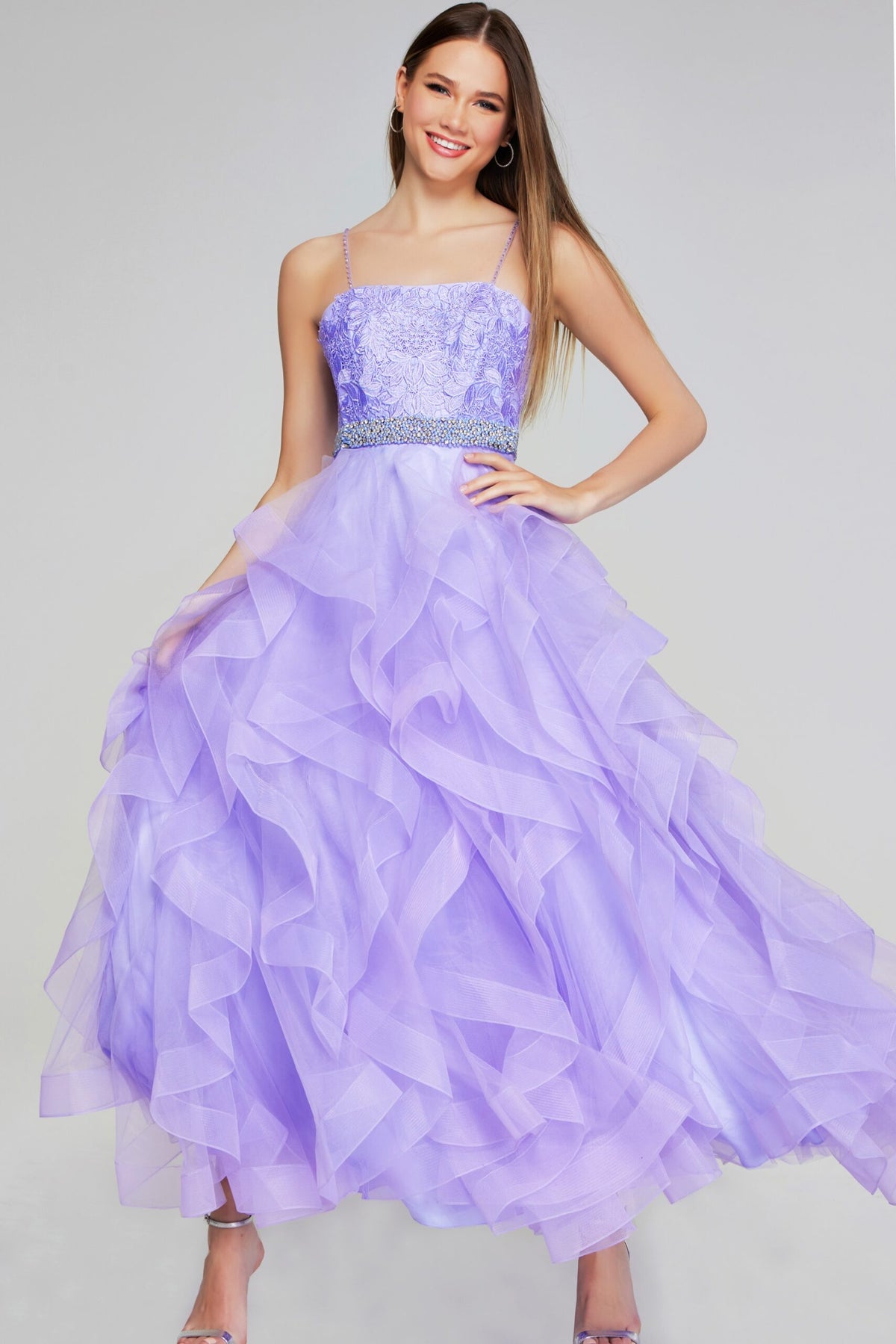 Jovani - K23519 - Beaded Waist Rosette Layered Evening Gown Madeline's Boutique Boca Raton Jovani - K23519 - Beaded Waist Rosette Layered Evening Gown Madeline's Boutique Boca Raton