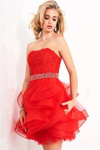 A strapless cocktail dress by Jovani, featuring a floral embellished bodice, an embellished belt, and cascading ruffled layers on the skirt, ideal for cocktail parties and special occasions.