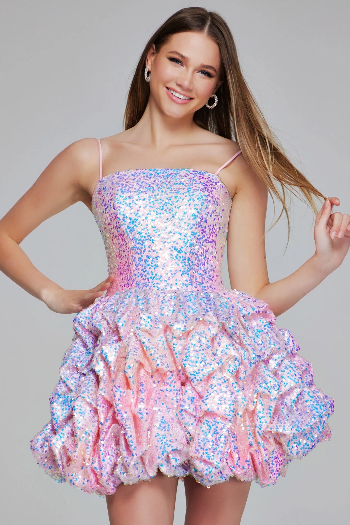 Jovani - K38108 - Sequin Fit and Flare Ruffled Mini Dress Pink / 10 Jovani - K38108 - Sequin Fit and Flare Ruffled Mini Dress Pink / 10