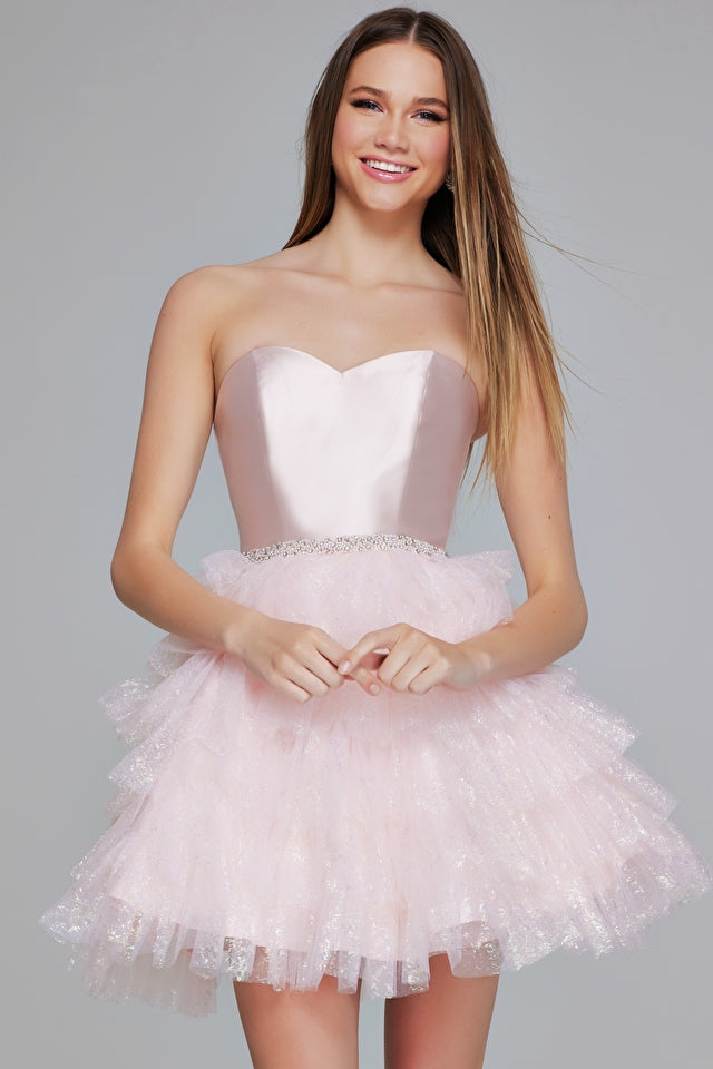 Jovani - K39310 - Pink Tulle Mini Dress with Sequin Detail Jovani - K39310 - Pink Tulle Mini Dress with Sequin Detail