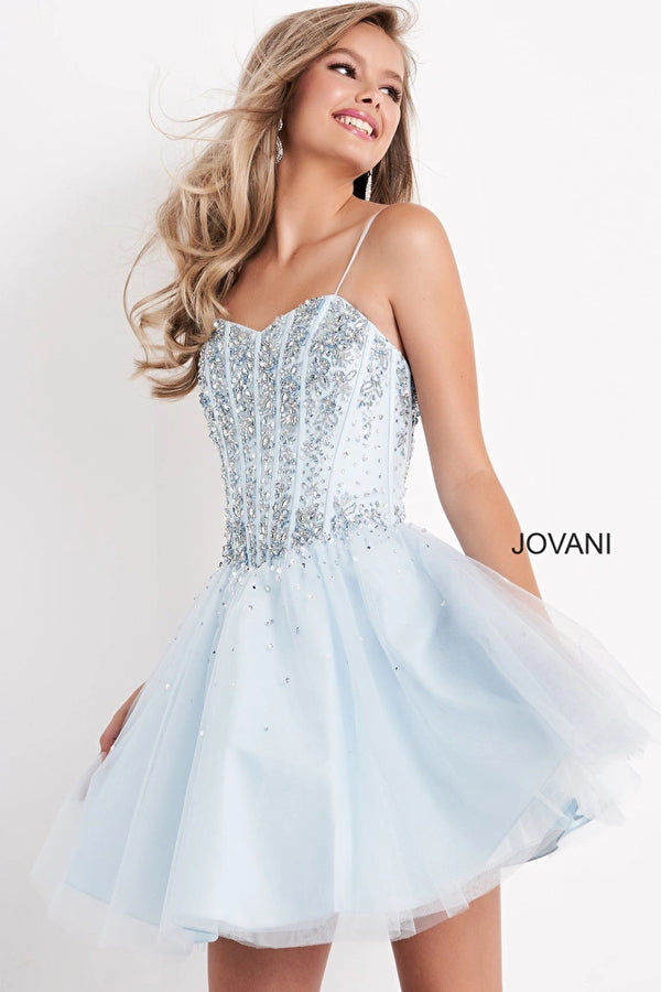 Jovani K62533 Beaded Fit and Flare Cocktail Dress, a short and sassy design perfect for graduations and bat mitzvahs. Featuring a beaded corset bodice, semi-sweetheart neckline, and delicate spaghetti straps.