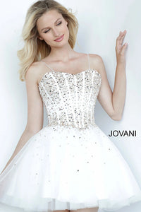 Jovani K62533 Beaded Fit and Flare Cocktail Dress, a short and sassy design perfect for graduations and bat mitzvahs. Featuring a beaded corset bodice, semi-sweetheart neckline, and delicate spaghetti straps.