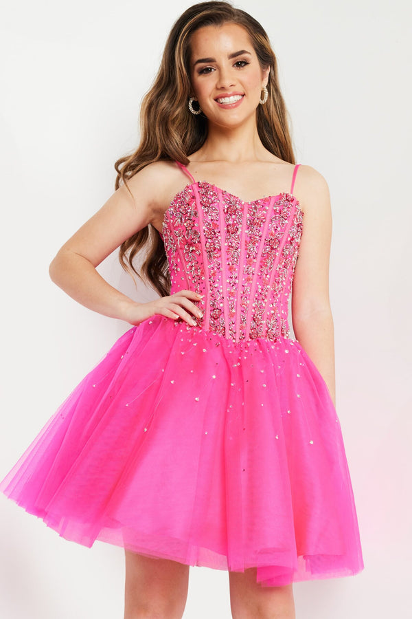 Jovani K62533 Fit and Flare Beaded Corset Homecoming Dress in blue with sweetheart neckline, perfect for formal events, parties, and bat mitzvahs.