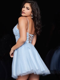Stunning light blue fit and flare embellished homecoming dress by JVN | Madeline's Boutique in Toronto and Boca Raton.  Back View of the dress.
