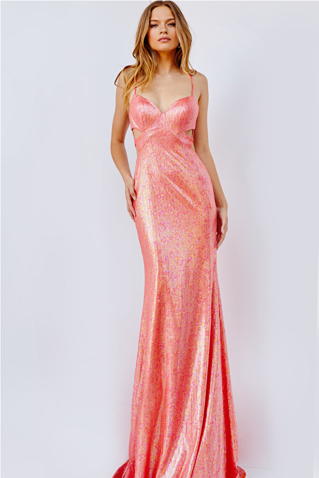 Step into the spotlight at prom in the JVN24080 by JVN, a metallic print dress featuring a form-fitting silhouette and open back. Available at Madeline's Boutique in Toronto and Boca Raton, Florida.