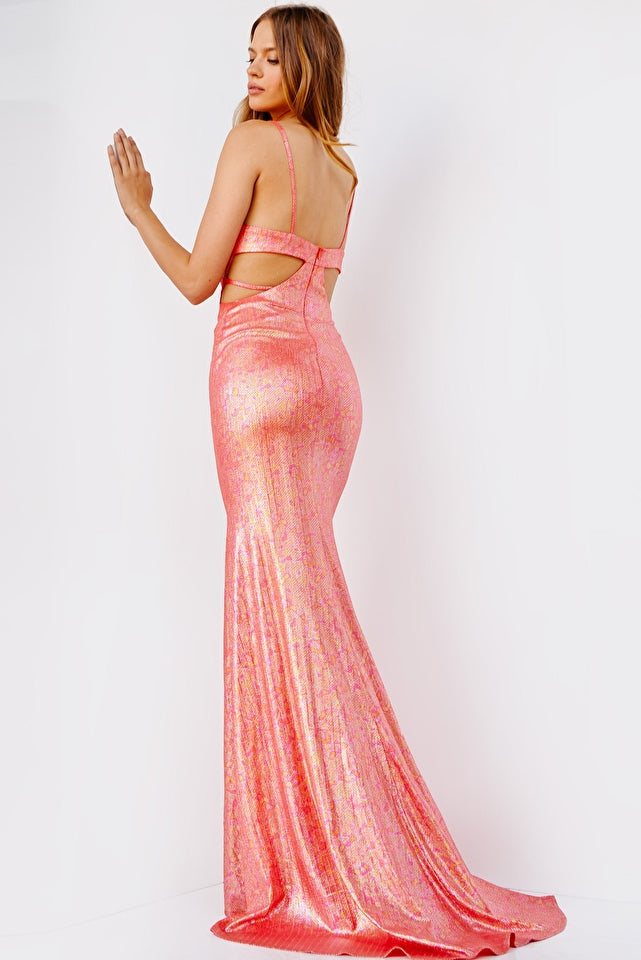 Step into the spotlight at prom in the JVN24080 by JVN, a metallic print dress featuring a form-fitting silhouette and open back. Available at Madeline's Boutique in Toronto and Boca Raton, Florida.