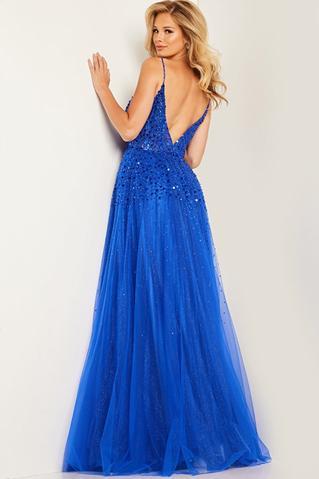 A luxurious embellished A-line prom dress with high slit and V neckline, perfect for prom night.