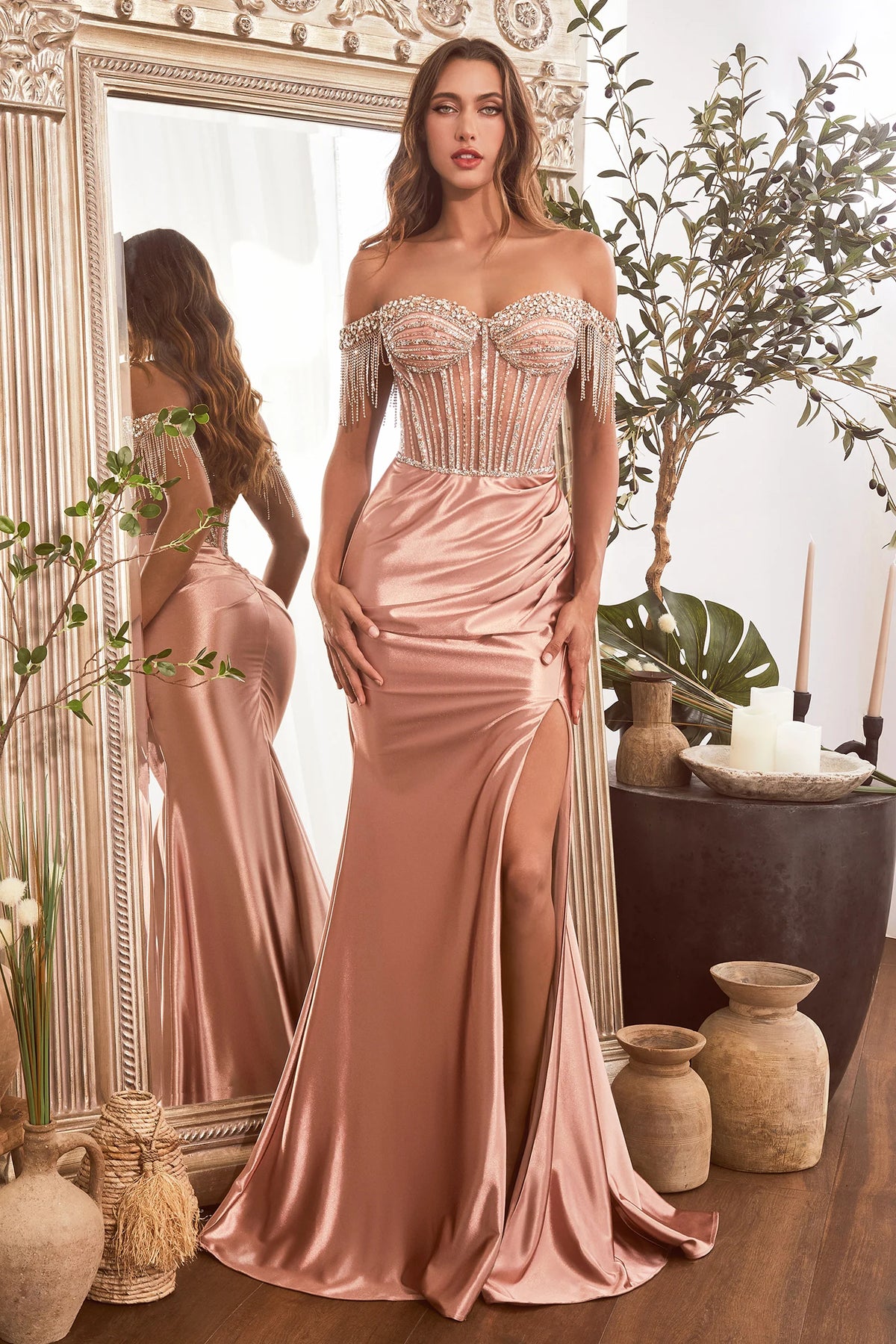 La Divine CD821 Fitted Off the Shoulder Evening Gown - A sophisticated evening gown with a sleek fitted silhouette, alluring leg slit, elegant gathered waistline, romantic off-the-shoulder sweetheart neckline, glamorous embellished bodice, and unique off-the-shoulder fringe detail for an elegant and memorable look.