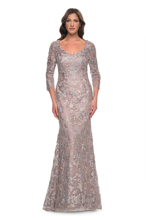 La Femme 30081 Lace Mermaid Formal Dress - Elegant lace gown with mermaid skirt, V neckline, and sheer three-quarter sleeves. Ideal for formal evening occasions and for the Mother of the Bride or Groom.