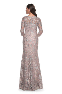 La Femme 30081 Lace Mermaid Formal Dress - Elegant lace gown with mermaid skirt, V neckline, and sheer three-quarter sleeves. Ideal for formal evening occasions and for the Mother of the Bride or Groom.