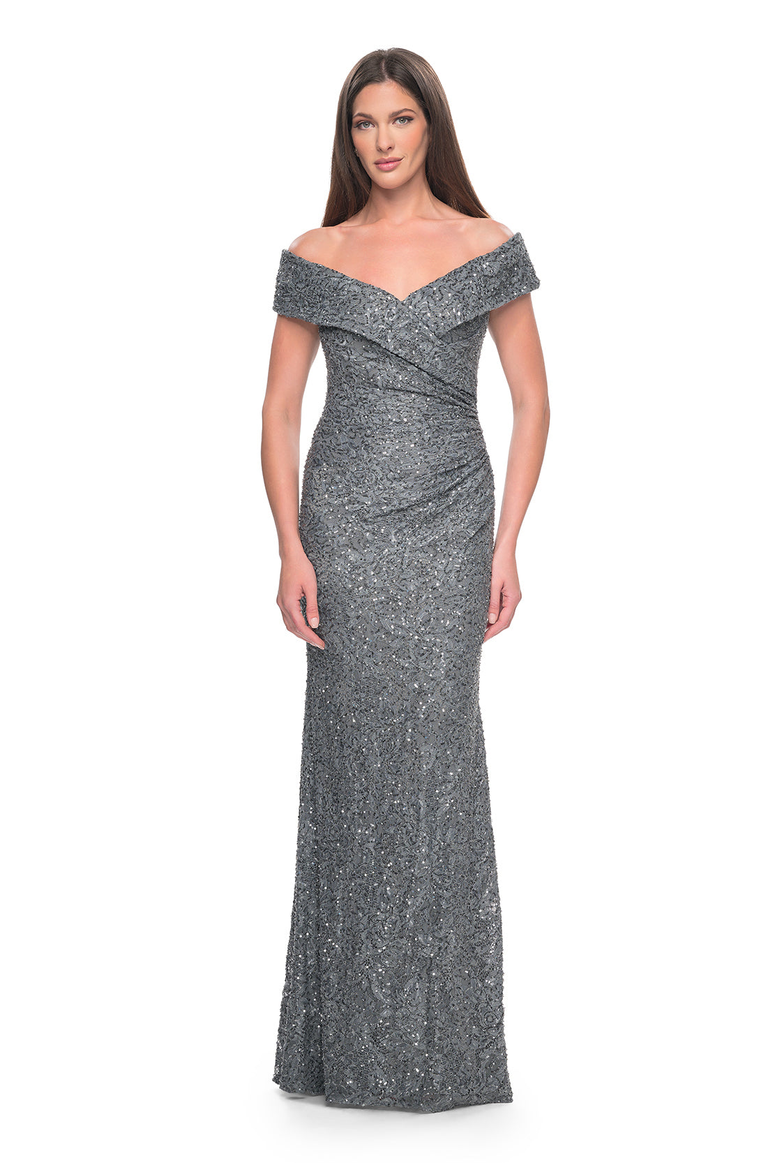 La Femme 31679 Enchanting Beaded Lace Off-the-Shoulder Evening Gown - A breathtaking ensemble featuring intricate beaded lace, off-the-shoulder design, ruching details, and a flattering V neckline for a look of timeless elegance.  The model is wearing the dress in the color gunmetal.