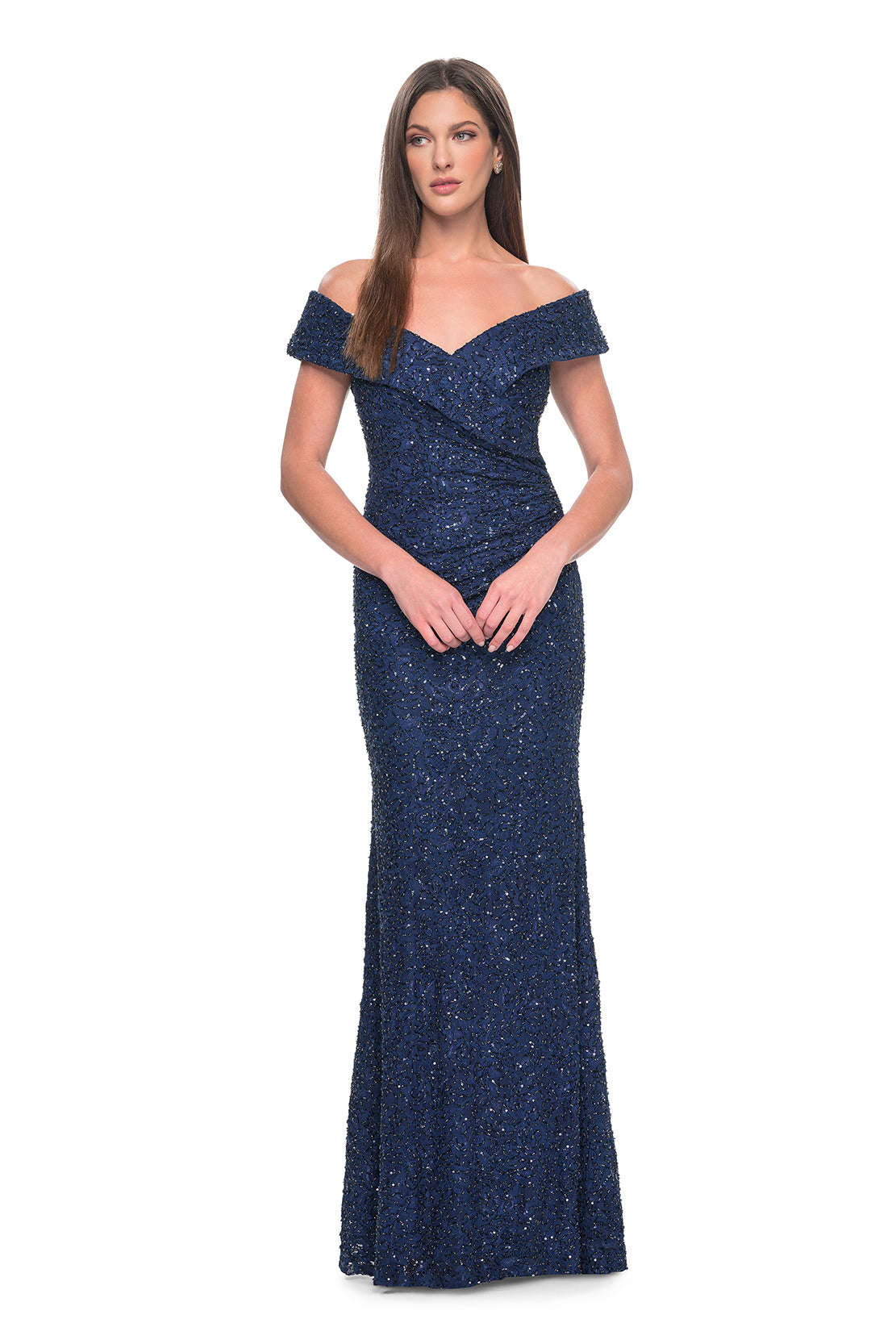 La Femme 31679 Enchanting Beaded Lace Off-the-Shoulder Evening Gown - A breathtaking ensemble featuring intricate beaded lace, off-the-shoulder design, ruching details, and a flattering V neckline for a look of timeless elegance.  The model is wearing the dress in the color navy.  Front View.