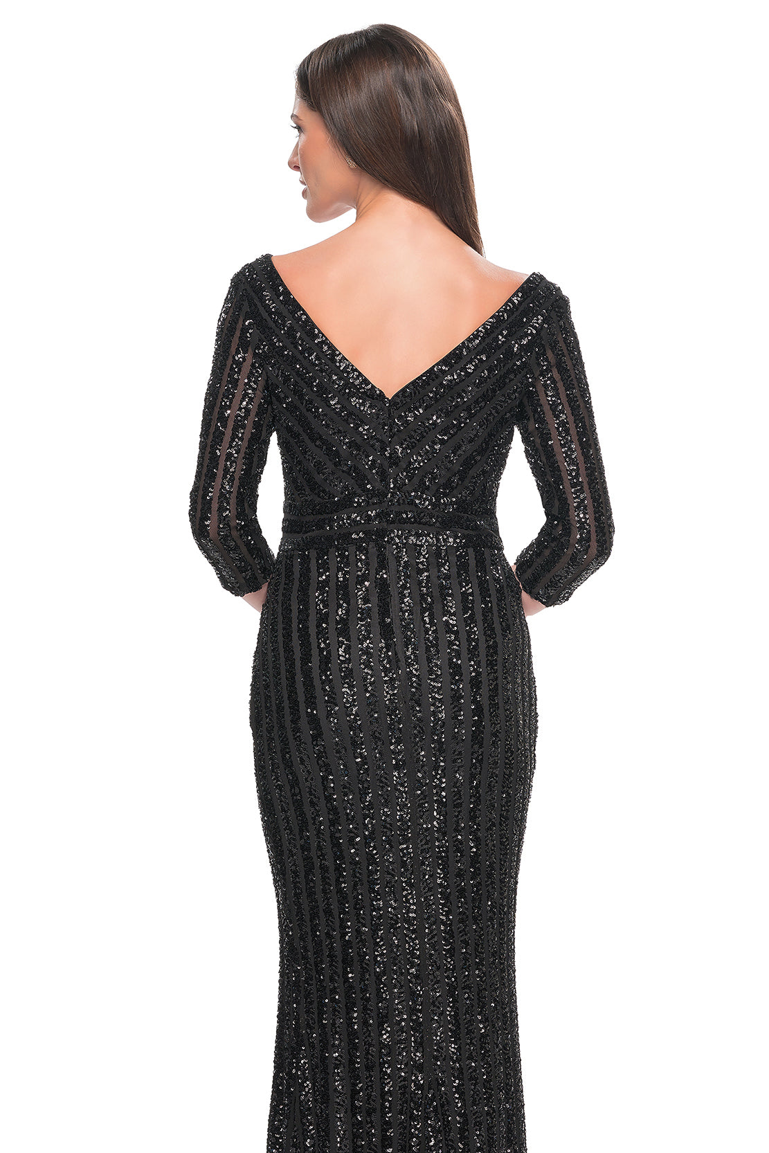 La Femme 31681 Elegant Sequin V-Neck Mother of the Bride/Groom Gown - A vision of elegance with a unique sequin pattern featuring thick lines, V neckline, and three-quarter sleeves for a classic and refined appearance.  The model is wearing the dress in the color black.