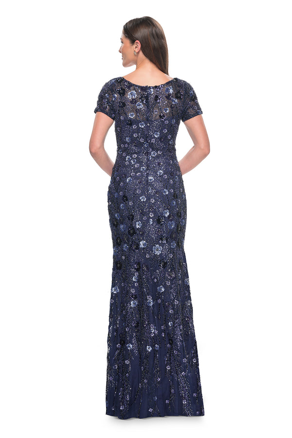 La Femme 31779 Exquisite Sequin Beaded Floral Mother of the Bride/Groom Gown - A captivating gown featuring a unique sequin beaded floral design, V neckline, and sheer short sleeves for an elegant and timeless appearance.