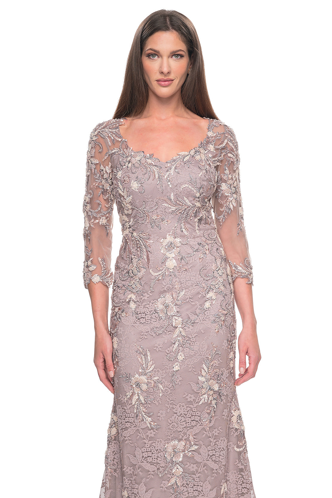 La Femme - 31796 - Three-Quarter Sleeve Lace and Beaded Gown