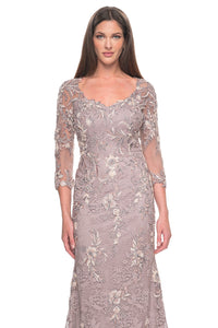 La Femme 31796 Elegant Lace and Beaded Applique Mother of the Bride/Groom Gown - A timeless gown featuring intricate lace and beaded applique, V neckline, sheer illusion lace, and three-quarter sleeves for an elegant and sophisticated look.