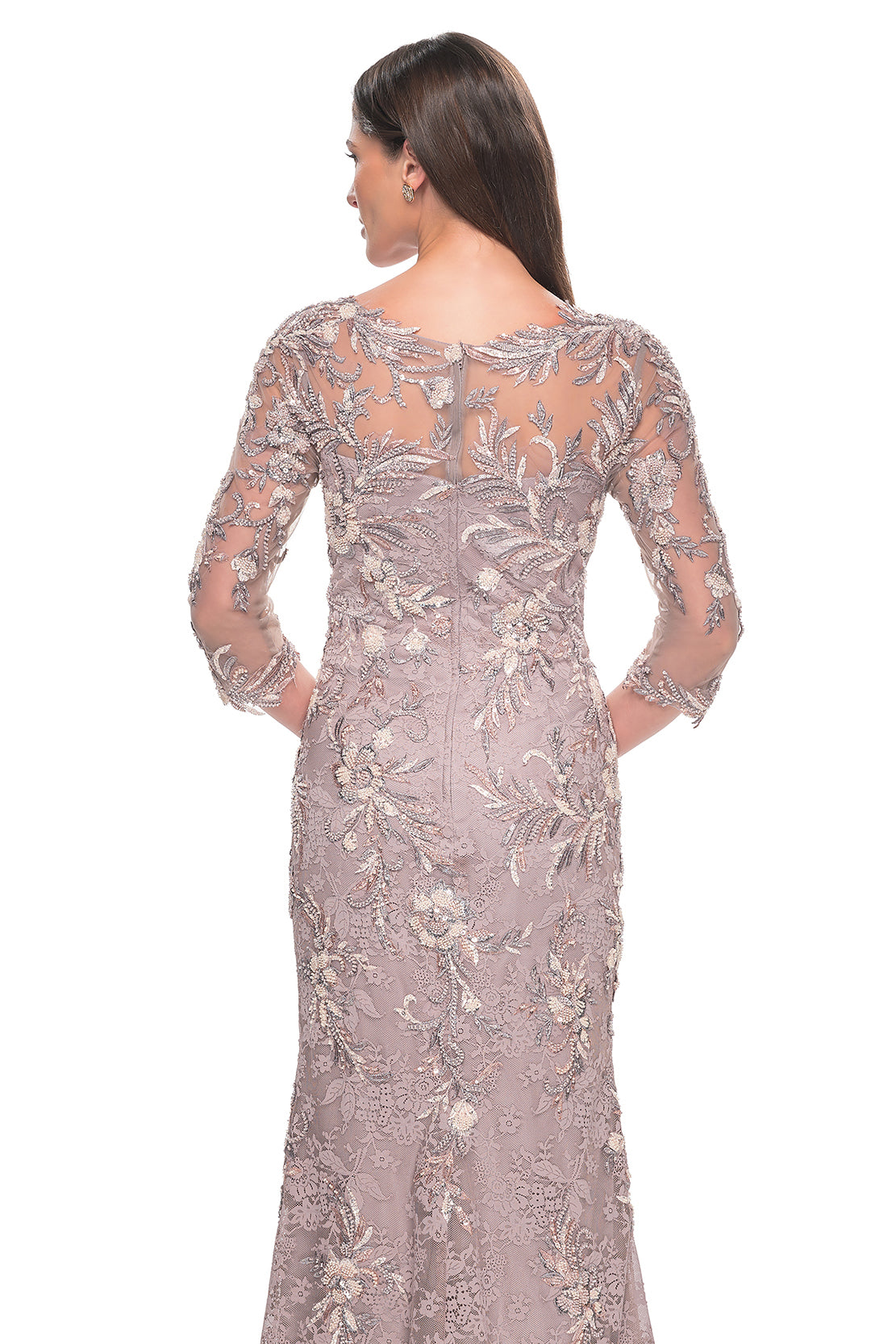 La Femme - 31796 - Three-Quarter Sleeve Lace and Beaded Gown Dusty Mauve / 16 La Femme - 31796 - Three-Quarter Sleeve Lace and Beaded Gown Dusty Mauve / 16