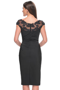 La Femme 31839 Chic Midi Satin Dress - A chic midi satin dress featuring pleating, sheer cap sleeves with beautiful beaded leaf detailing, and a ruched waist for added sophistication.