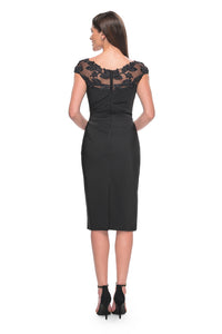 La Femme 31839 Chic Midi Satin Dress - A chic midi satin dress featuring pleating, sheer cap sleeves with beautiful beaded leaf detailing, and a ruched waist for added sophistication.