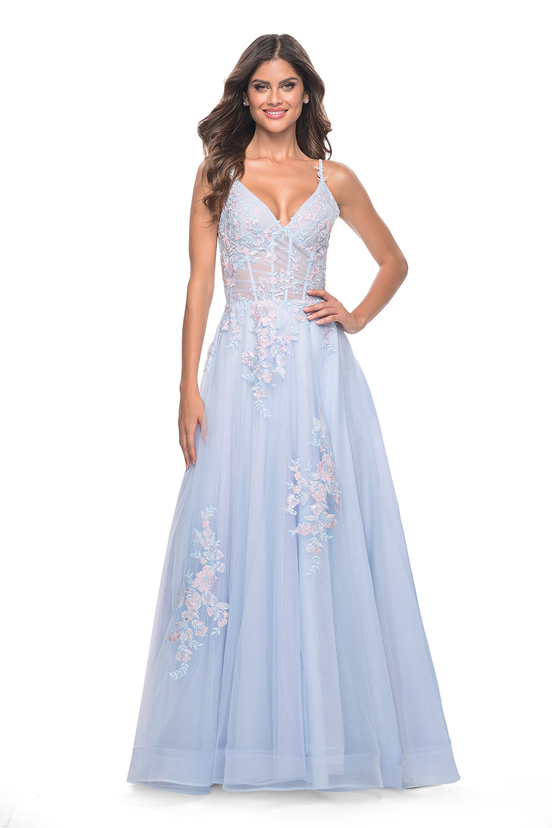La Femme - 31939 - Scattered Lace Applique A-Line Gown | MADELINE'S Light Blue / 2 La Femme - 31939 - Scattered Lace Applique A-Line Gown | MADELINE'S Light Blue / 2