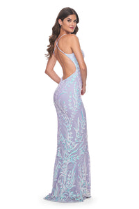 La Femme 31944 Leaf Print Sequin Prom Dress - An eye-catching prom dress featuring a print sequin fabric with a leaf design, V neckline, and open back for a unique and captivating look.