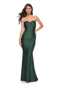 La Femme 31945 Strapless Rhinestone Embellished Prom Gown - A glamorous prom gown with a strapless design, tonal rhinestone embellishments, sweetheart neckline, and a lace-up back for added allure.