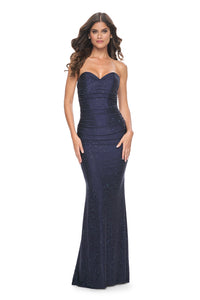 La Femme 31945 Strapless Rhinestone Embellished Prom Gown - A glamorous prom gown with a strapless design, tonal rhinestone embellishments, sweetheart neckline, and a lace-up back for added allure. This is a picture of the dress in Navy.
