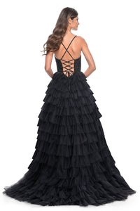 La Femme 32002 Glamorous Rhinestone Embellished Prom Dress - A stunning prom dress featuring a tiered ruffle skirt, fully rhinestone embellished bodice, high slit, and adjustable lace-up back for an elegant and customized look.