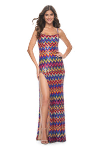 La Femme 32006 Mesmerizing Multicolored Zig Zag Sequin Evening Dress - A captivating masterpiece featuring a vibrant zig zag print with multicolored sequins, a square neckline, and a daring high slit for a look that blends artistry and sophistication.