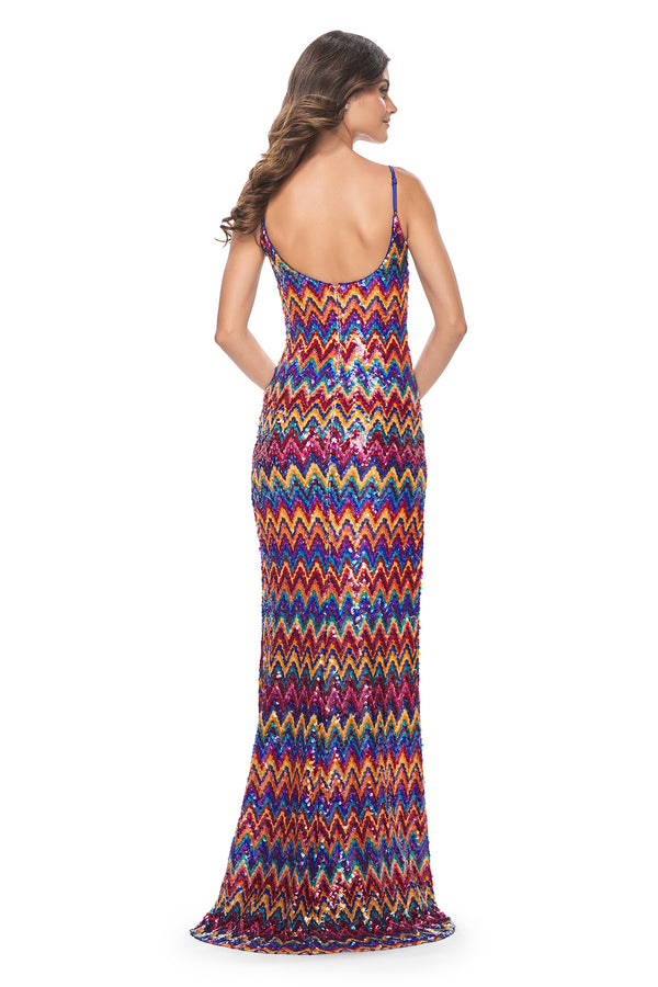 La Femme 32006 Mesmerizing Multicolored Zig Zag Sequin Evening Dress - A captivating masterpiece featuring a vibrant zig zag print with multicolored sequins, a square neckline, and a daring high slit for a look that blends artistry and sophistication.