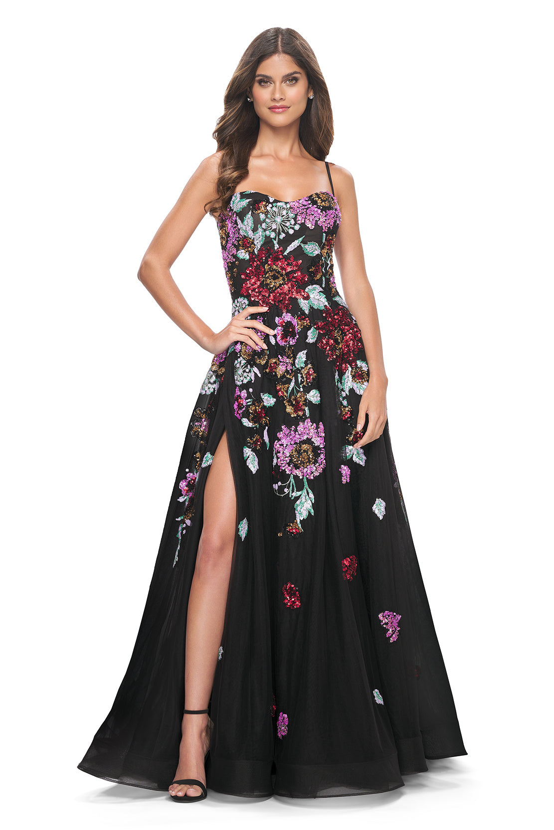 La Femme - 32019 - A-Line Gown with Multi-Color Floral Sequin Applique Madeline's Boutique Boca Raton La Femme - 32019 - A-Line Gown with Multi-Color Floral Sequin Applique Madeline's Boutique Boca Raton