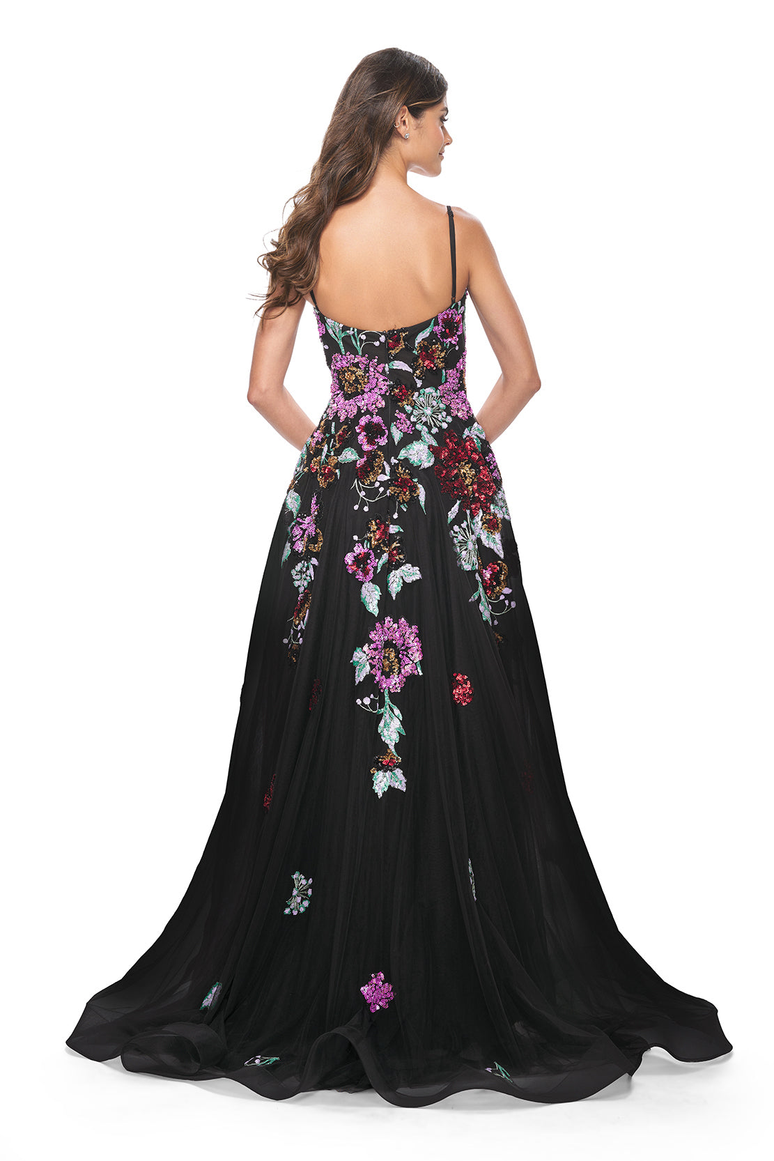 La Femme 32019 A-Line Gown with Multi-Color Floral Sequin Applique - A graceful A-line gown featuring delicate tulle, horsehair hem, and enchanting multi-color floral sequin applique. Perfect for proms and formal evening events.