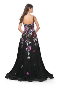 La Femme 32019 A-Line Gown with Multi-Color Floral Sequin Applique - A graceful A-line gown featuring delicate tulle, horsehair hem, and enchanting multi-color floral sequin applique. Perfect for proms and formal evening events.